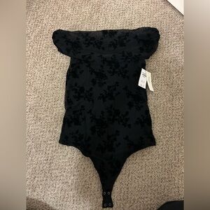 Black floral mesh off the shoulder thong bodysuit